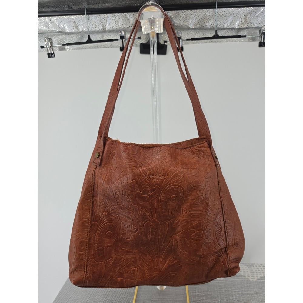 American Leather Co Cognac Embossed Floral Leather Triple Entry Shoulder Bag